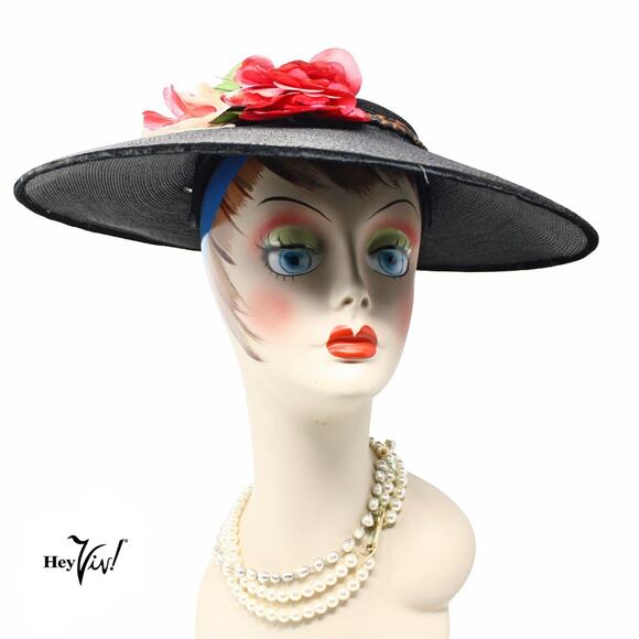 Vintage 1940s Black Wide Brim Platter Tilt Hat Floral Statement Style - Hey Viv main image 8